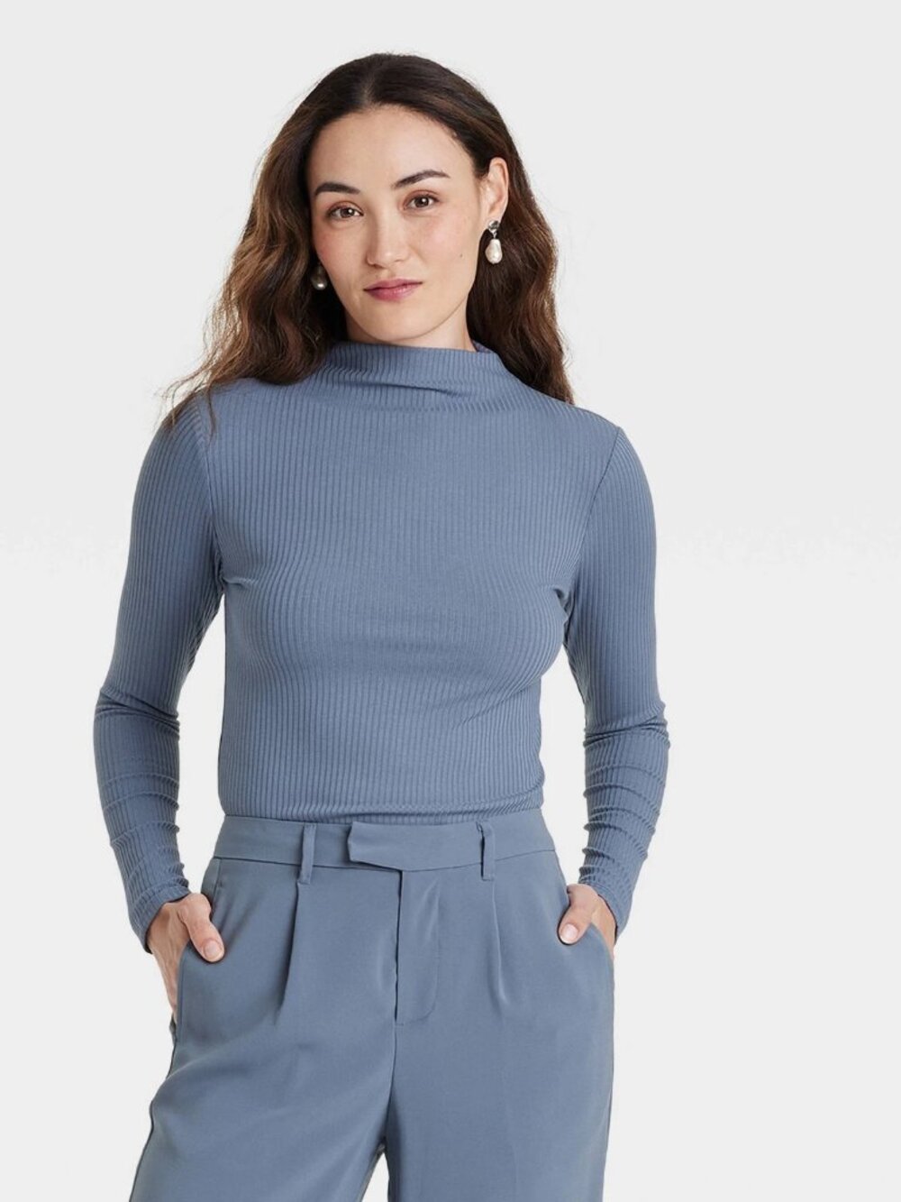 Large - Womens Long Sleeve Mock Turtleneck T-Shirt - A New Day - Blue
